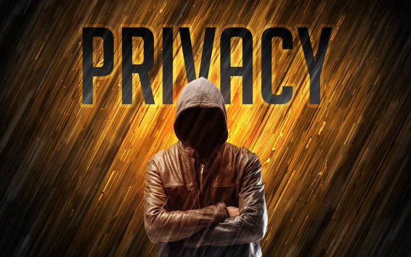 Mysterious Man Privacy Inscription Online Security Concept — Stock Photo, Image