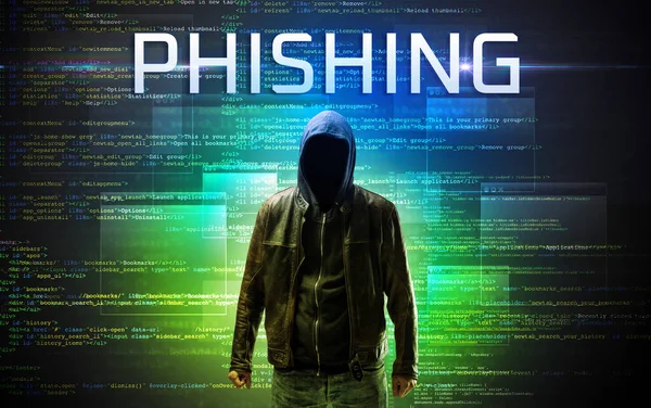 Faceless Hacker Phishing Inscription Binary Code Background — Stock Photo, Image