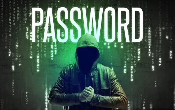 Faceless Hacker Password Inscription Hacking Concept — Stock Photo, Image