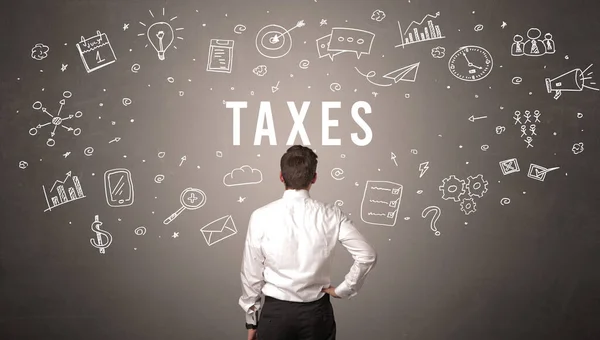 Vue Arrière Homme Affaires Avec Inscription Taxes Concept Entreprise Moderne — Photo
