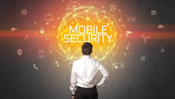 Rear View Businessman Mobile Security Inscription Online Security Concept — Stock Photo, Image