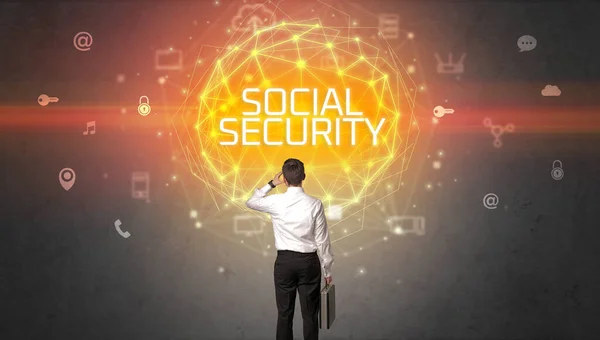 Rear View Businessman Social Security Inscription Online Security Concept — Stock Photo, Image