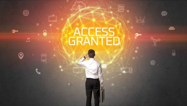 Rear View Businessman Access Granted Inscription Online Security Concept — Stock Photo, Image