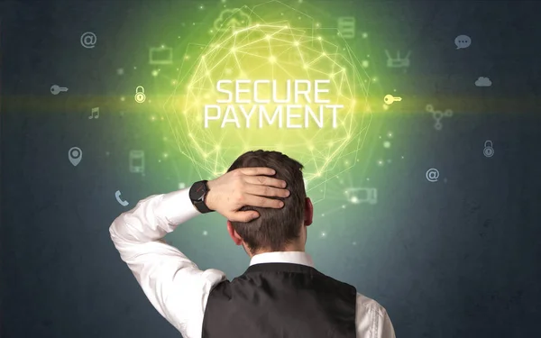 Rückansicht Eines Geschäftsmannes Mit Secure Payment Aufschrift Online Sicherheitskonzept — Stockfoto