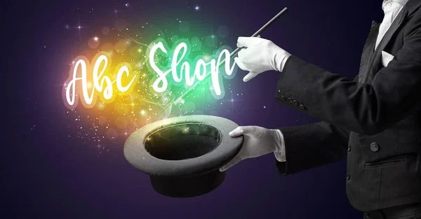 Magician Hand Conjure Wand Abc Shop Inscription Shopping Concept — Stock Photo, Image