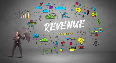 Şemsiyenin arkasına saklanan kararlı iş adamı. Üzerinde REVENUE yazıları, yeni iş konsepti var.