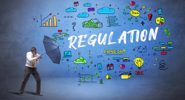 Şemsiyenin arkasına saklanan azimli iş adamı. Yazılı, yeni iş konsepti.