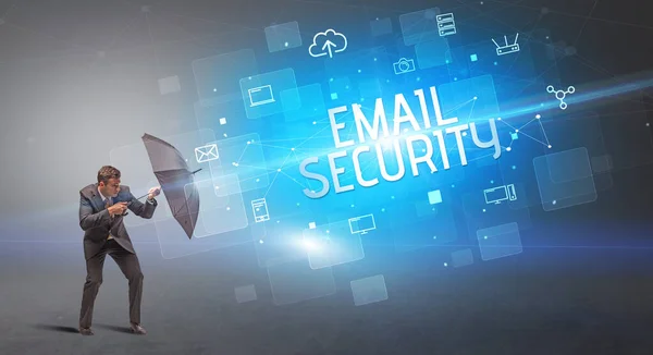 Affärsman Försvara Med Paraply Från Angrepp Och Email Security Inskription — Stockfoto