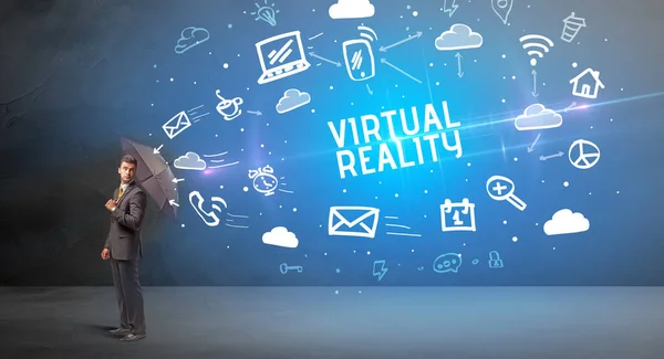 从Virtual Reality Inscription看商人的保护伞防御 现代技术概念 — 图库照片