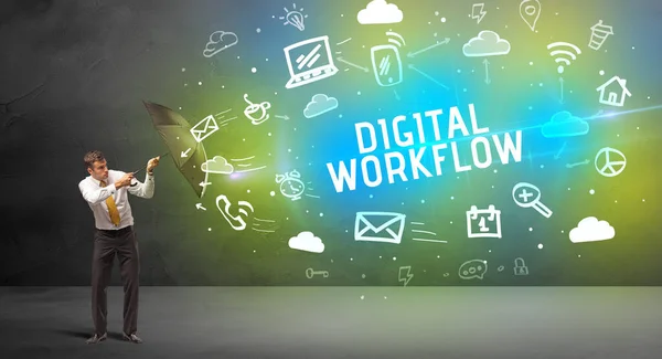 Empresario Defendiendo Con Paraguas Digital Workflow Inscripción Concepto Tecnología Moderna —  Fotos de Stock