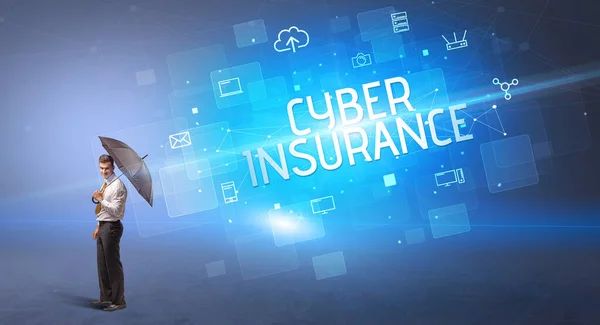 Businessman Defending Umbrella Cyber Attack Cyber Insurance Inscription Online Security — Stock Photo, Image