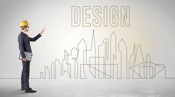 Businessman Hard Hat Holding Blueprint Design Inscription Engineering Architecture Concept — Stock Photo, Image