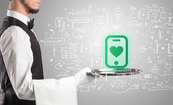 Close Waiter Serving Smartphone Heart Icons Social Media Concept — Stock Photo, Image