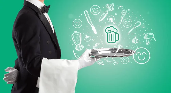 Waiter Holding Silver Tray Beer Mug Icons Coming Out Health — Stock Photo, Image