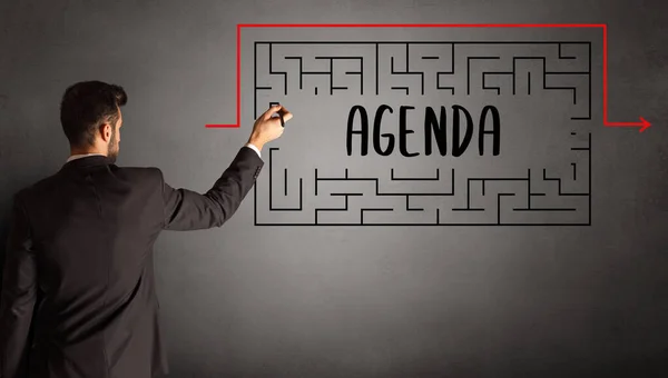 Businessman Drawing Maze Agenda Inscription Business Education Concept — Stock Photo, Image