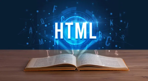 Html Inscription Coming Out Open Book Digital Technology Concept — Stock Photo, Image