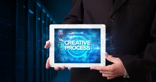 Young Business Person Working Tablet Shows Inscription Creative Process Business — Stock Photo, Image