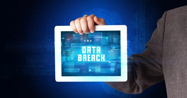 Young Business Person Working Tablet Shows Digital Sign Data Breach — Stock Photo, Image