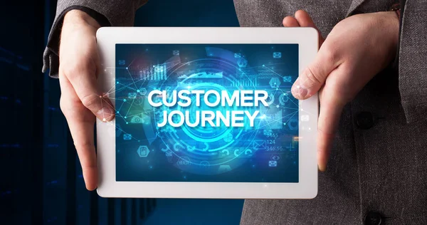 Young Business Person Working Tablet Shows Inscription Customer Journey Business — Stock Photo, Image