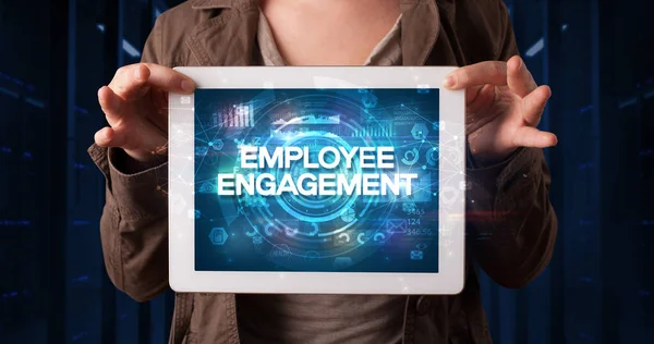 Young Business Person Working Tablet Shows Inscription Employee Engagement Business — Stock Photo, Image