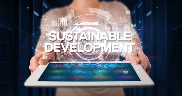 Young Business Person Working Tablet Shows Inscription Sustainable Development Business — Stock Photo, Image