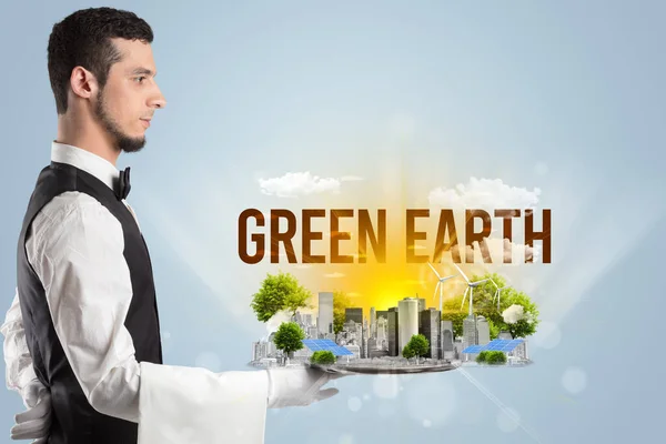 Waiter Serving Eco City Green Earth Inscription Renewabke Energy Concept — Stock Photo, Image