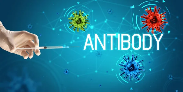 Syringe Medical Injection Hand Antibody Inscription Coronavirus Vaccine Concept — Stock Photo, Image