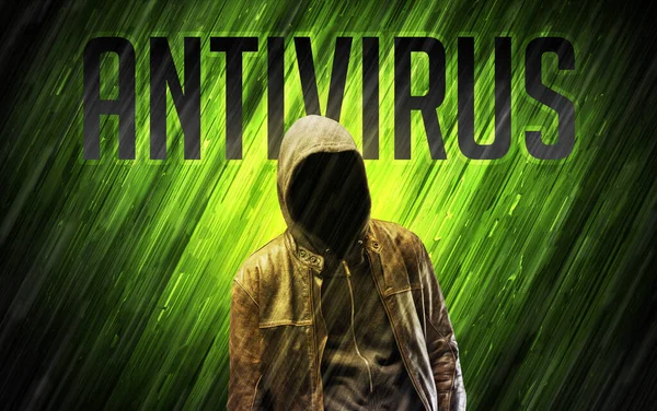 Mysterious Man Antivirus Inscription Online Security Concept — Stock Photo, Image