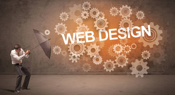 Webデザイン碑文から傘で守るビジネスマン 技術コンセプト — ストック写真