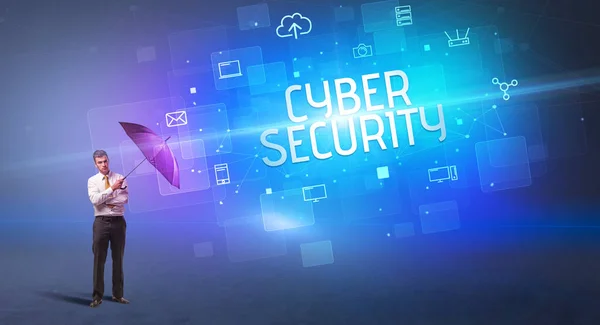 Empresário Defendendo Com Guarda Chuva Ataque Cibernético Inscrição Cyber Segurança — Fotografia de Stock