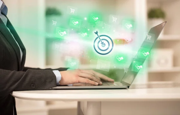 Businessman Working Laptop Target Icons Coming Out Successful Business Concept — Stock Photo, Image