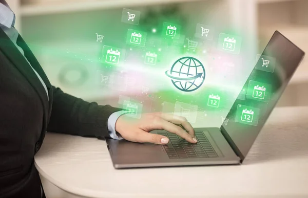 Businessman Working Laptop Global Icons Coming Out Successful Business Concept — Stock Photo, Image