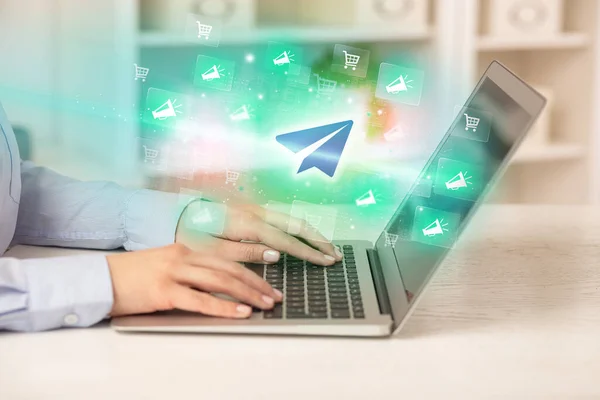 Businessman Working Laptop Paper Airplane Icons Coming Out Successful Business — Stock Photo, Image