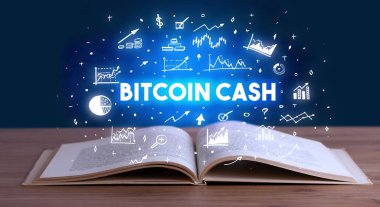 Açık bir kitaptan çıkan Bitcoin Cash yazıtlamı, iş konsepti