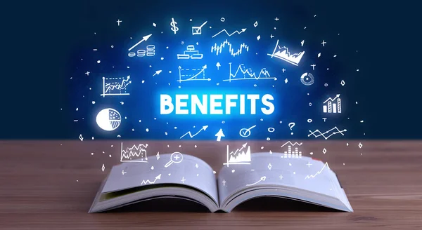 Benefits Inscription Coming Out Open Book Business Concept — Stock Photo, Image