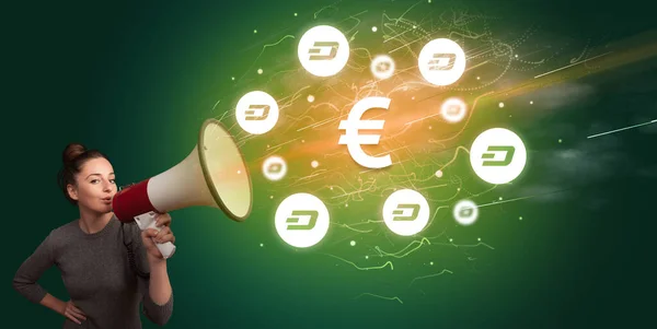 Young Person Yelling Megaphone Euro Icon Currency Exchange Concept — Stock Photo, Image