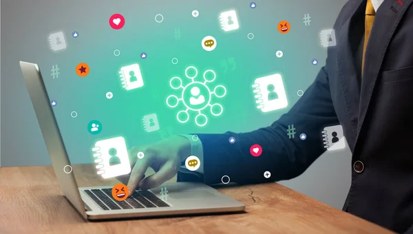 Hand Surfing Social Media Community Network Icons Coming Out Screen — Stock Photo, Image