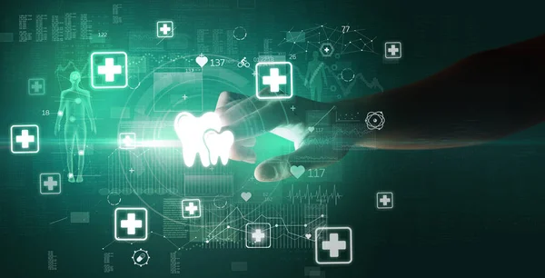 Doctor hand pressing futuristic health device with dental symbol on screen, futuristic concept