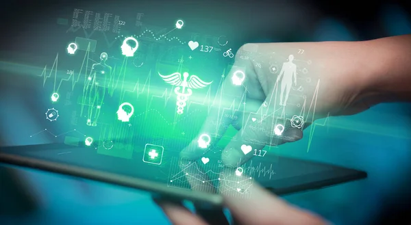 Close-up of a touchscreen with pharmacy icons, modern healthcare concept