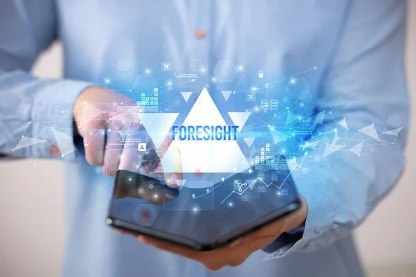 Businessman Holding Foldable Smartphone Foresight Inscription Business Concept — Stock Photo, Image
