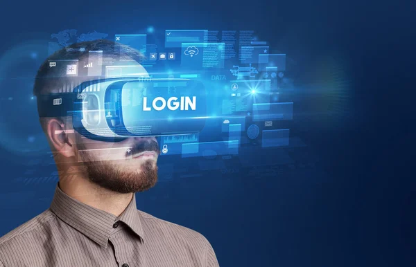 Geschäftsmann Blickt Durch Virtual Reality Brille Mit Login Aufschrift Innovatives — Stockfoto