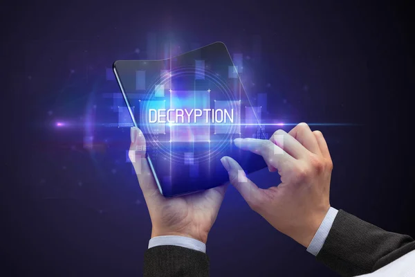 Businessman Holding Foldable Smartphone Decryption Inscription New Technology Concept — Stock Photo, Image