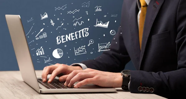 Businessman Working Laptop Benefits Inscription Modern Business Concept — Stock Photo, Image