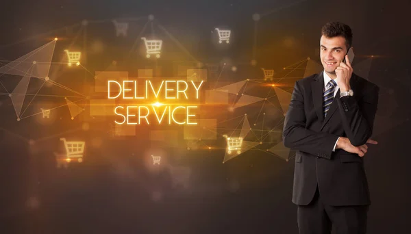 Zakenman Met Winkelwagenpictogrammen Delivery Service Inscriptie Online Shopping Concept — Stockfoto