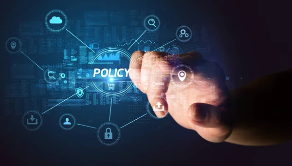 Hand Aanraken Beleid Inscriptie Cybersecurity Concept — Stockfoto
