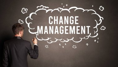 businessman drawing a cloud with CHANGE MANAGEMENT inscription inside, modern business concept