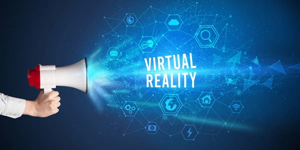 Junge Frau Schreit Megafon Mit Virtual Reality Inschrift Modernes Technologie — Stockfoto