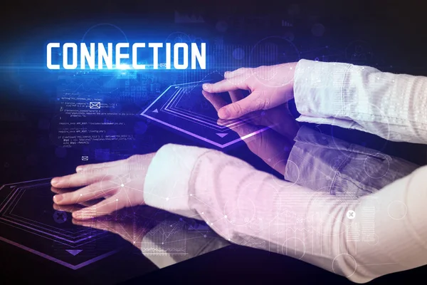 Hand Touching Digital Table Connection Inscription New Age Security Concept — Stock Photo, Image
