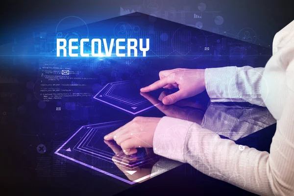 Hand Touching Digital Table Recovery Inscription New Age Security Concept — Stock Photo, Image
