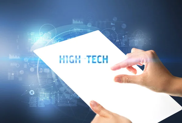 Hand Holdig Futuristische Tablet Met Hog Tech Inscriptie Nieuwe Technologie — Stockfoto